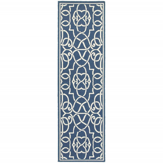 2' X 8' Blue and Ivory Geometric Stain Resistant Indoor Outdoor Area Rug