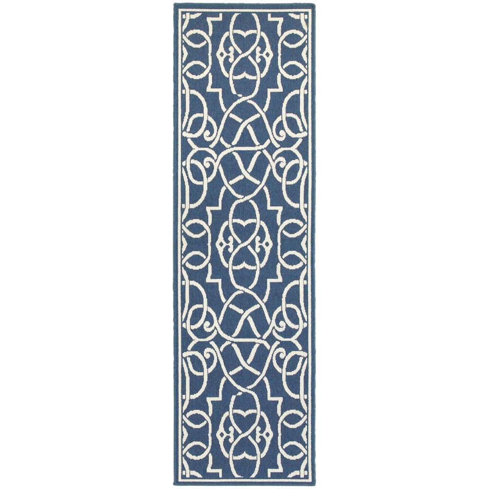 2' X 8' Blue and Ivory Geometric Stain Resistant Indoor Outdoor Area Rug