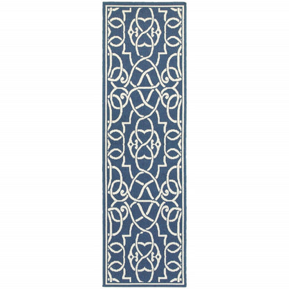 2' X 8' Blue and Ivory Geometric Stain Resistant Indoor Outdoor Area Rug