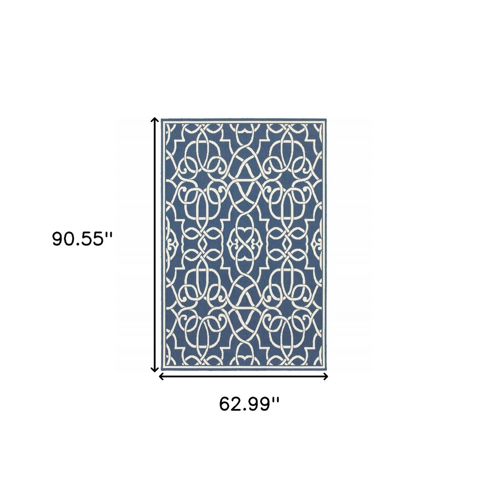 5' X 8' Blue and Ivory Geometric Stain Resistant Indoor Outdoor Area Rug