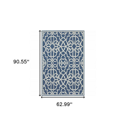 5' X 8' Blue and Ivory Geometric Stain Resistant Indoor Outdoor Area Rug