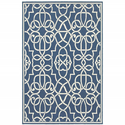 5' X 8' Blue and Ivory Geometric Stain Resistant Indoor Outdoor Area Rug