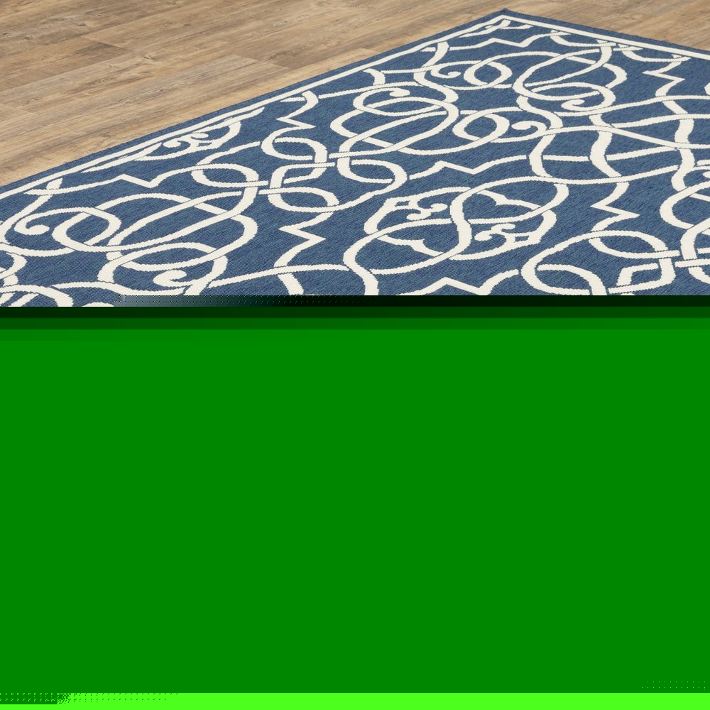 5' X 8' Blue and Ivory Geometric Stain Resistant Indoor Outdoor Area Rug