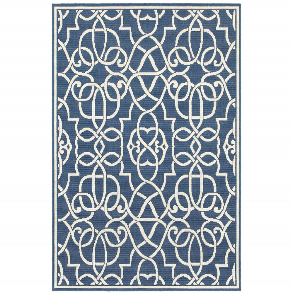 7' X 10' Blue and Ivory Geometric Stain Resistant Indoor Outdoor Area Rug