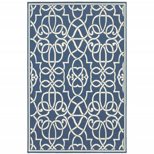 7' X 10' Blue and Ivory Geometric Stain Resistant Indoor Outdoor Area Rug