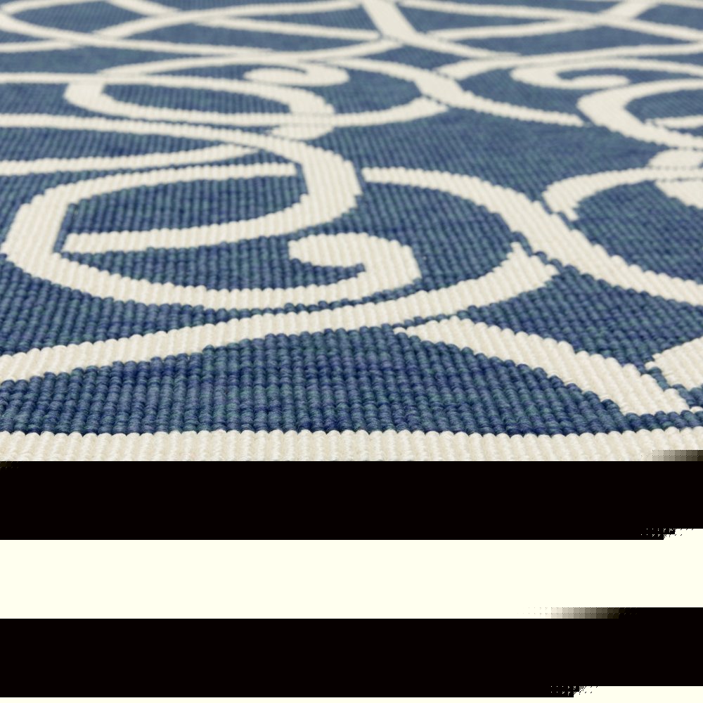 7' X 10' Blue and Ivory Geometric Stain Resistant Indoor Outdoor Area Rug