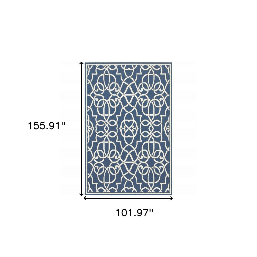 9' X 13' Blue and Ivory Geometric Stain Resistant Indoor Outdoor Area Rug