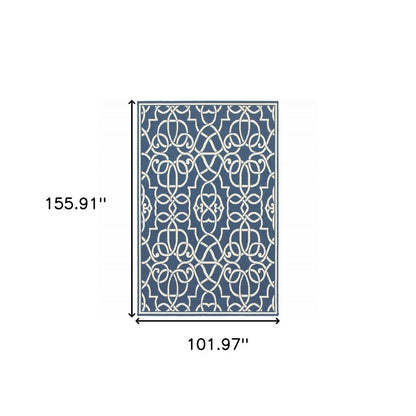 9' X 13' Blue and Ivory Geometric Stain Resistant Indoor Outdoor Area Rug