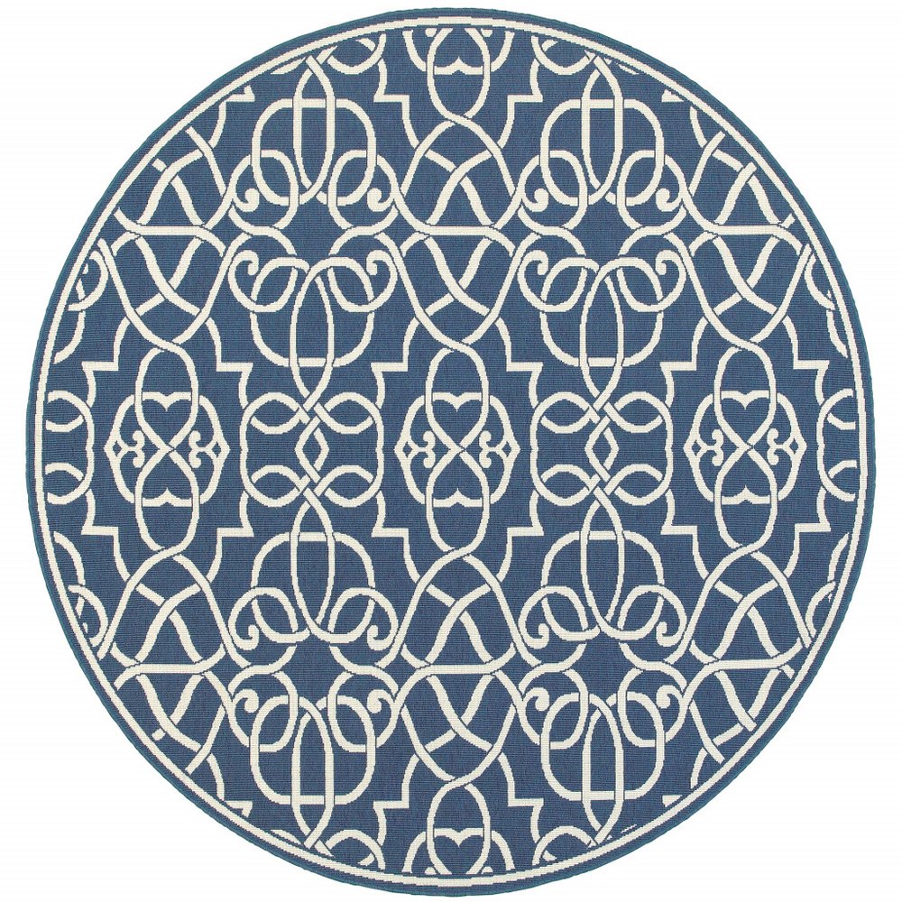 8' X 8' Blue and Ivory Round Geometric Stain Resistant Indoor Outdoor Area Rug