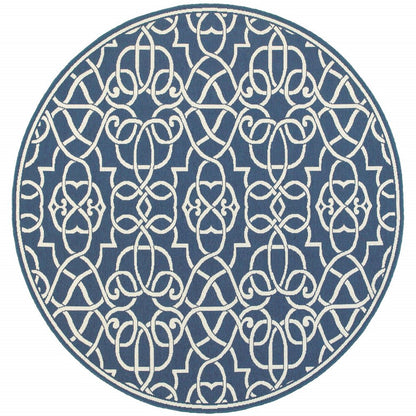 8' X 8' Blue and Ivory Round Geometric Stain Resistant Indoor Outdoor Area Rug