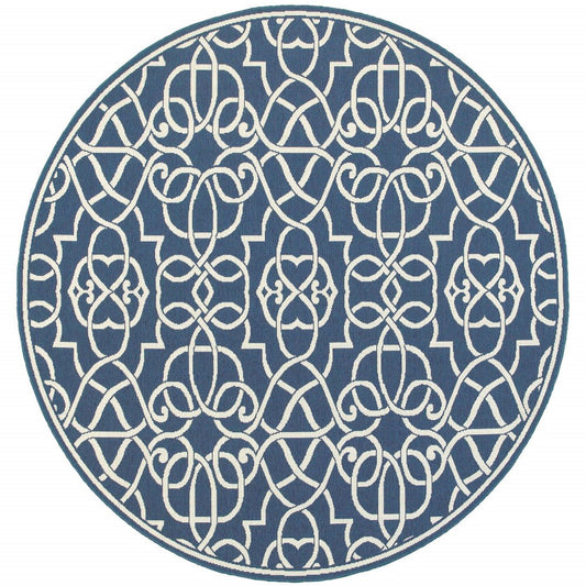 8' X 8' Blue and Ivory Round Geometric Stain Resistant Indoor Outdoor Area Rug