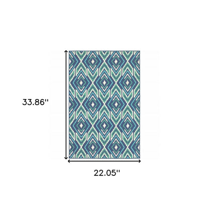 2' X 3' Blue and Ivory Geometric Stain Resistant Indoor Outdoor Area Rug
