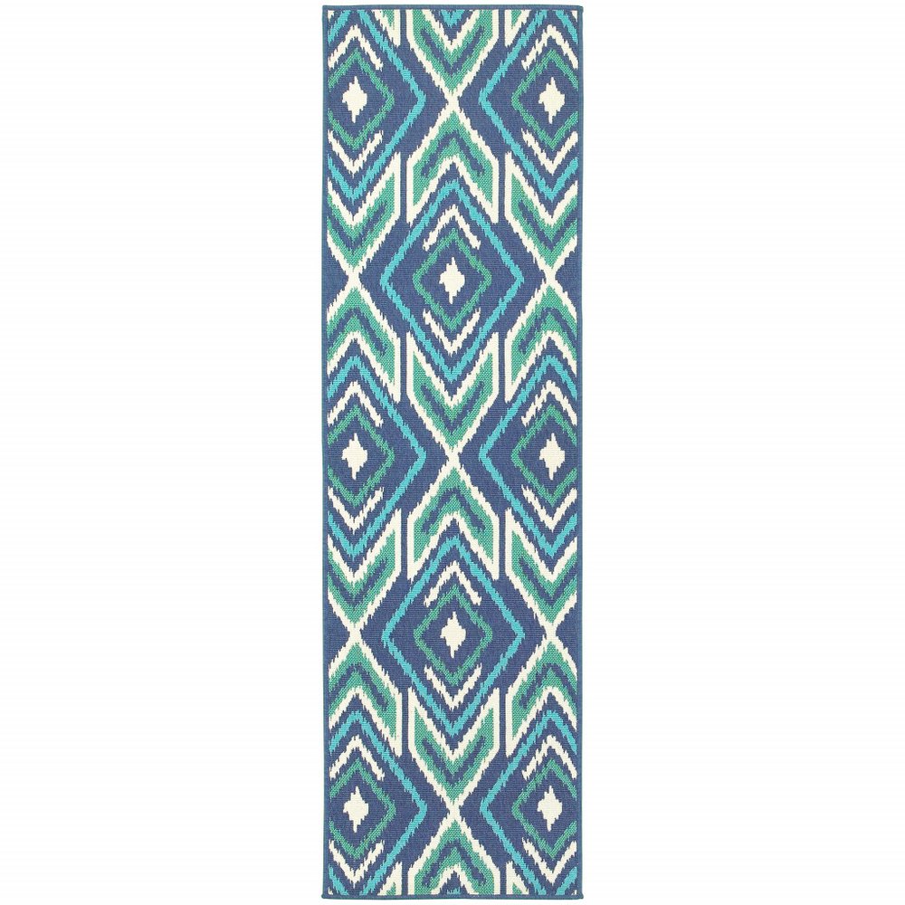 2' X 8' Blue and Ivory Geometric Stain Resistant Indoor Outdoor Area Rug