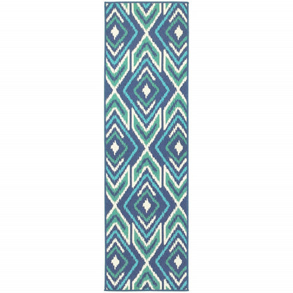 2' X 8' Blue and Ivory Geometric Stain Resistant Indoor Outdoor Area Rug