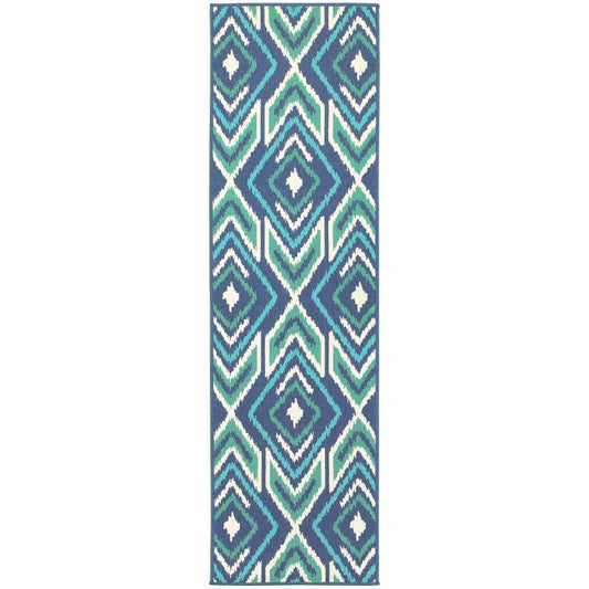 2' X 8' Blue and Ivory Geometric Stain Resistant Indoor Outdoor Area Rug