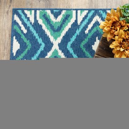 2' X 8' Blue and Ivory Geometric Stain Resistant Indoor Outdoor Area Rug