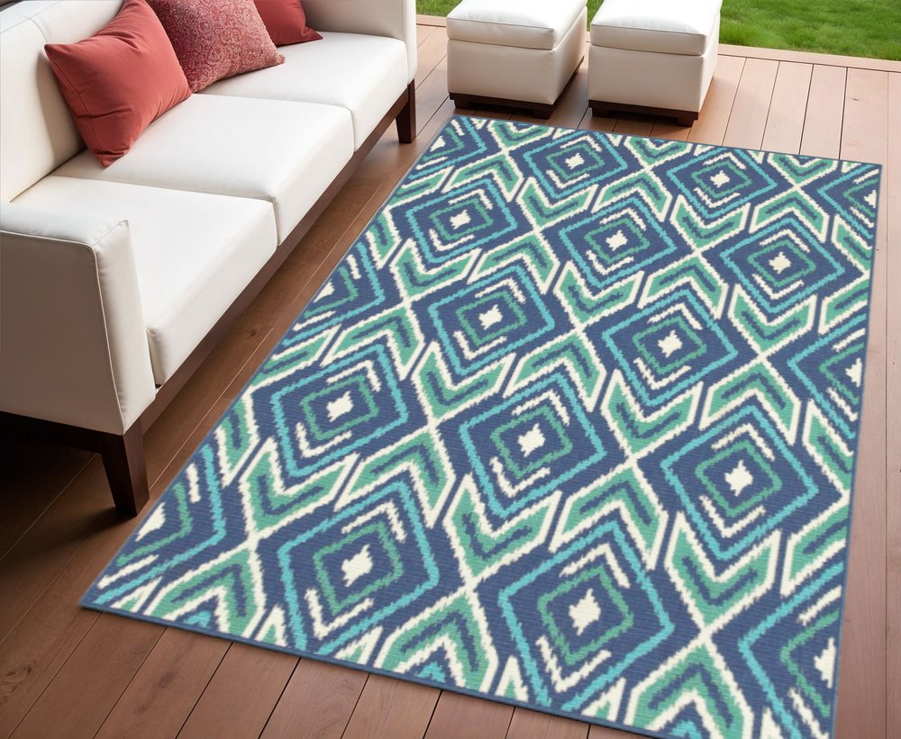 4' X 6' Blue and Ivory Geometric Stain Resistant Indoor Outdoor Area Rug