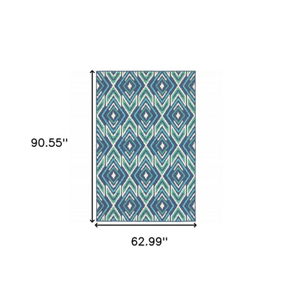 5' X 8' Blue and Ivory Geometric Stain Resistant Indoor Outdoor Area Rug