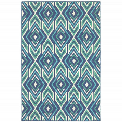 7' X 10' Blue and Ivory Geometric Stain Resistant Indoor Outdoor Area Rug