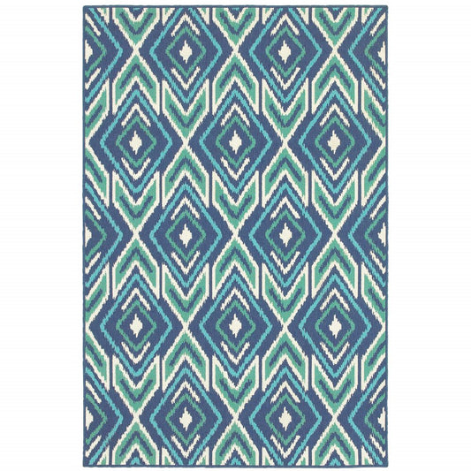 9' X 13' Blue and Ivory Geometric Stain Resistant Indoor Outdoor Area Rug