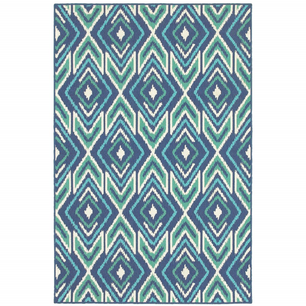 9' X 13' Blue and Ivory Geometric Stain Resistant Indoor Outdoor Area Rug