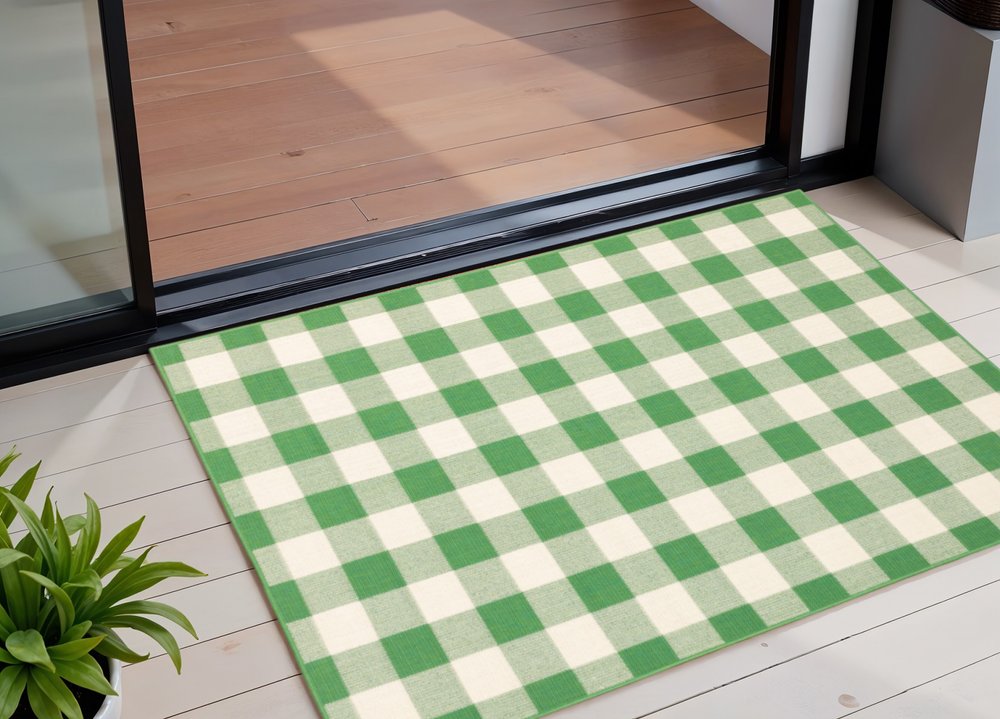 2' X 3' Green and Ivory Geometric Stain Resistant Indoor Outdoor Area Rug