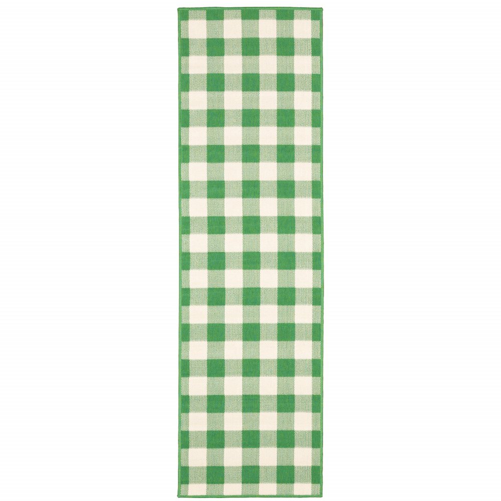 2' X 8' Green and Ivory Geometric Stain Resistant Indoor Outdoor Area Rug