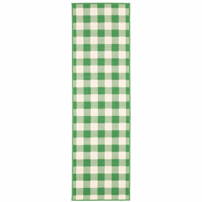 2' X 8' Green and Ivory Geometric Stain Resistant Indoor Outdoor Area Rug