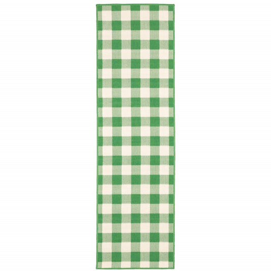 2' X 8' Green and Ivory Geometric Stain Resistant Indoor Outdoor Area Rug