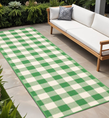 2' X 8' Green and Ivory Geometric Stain Resistant Indoor Outdoor Area Rug