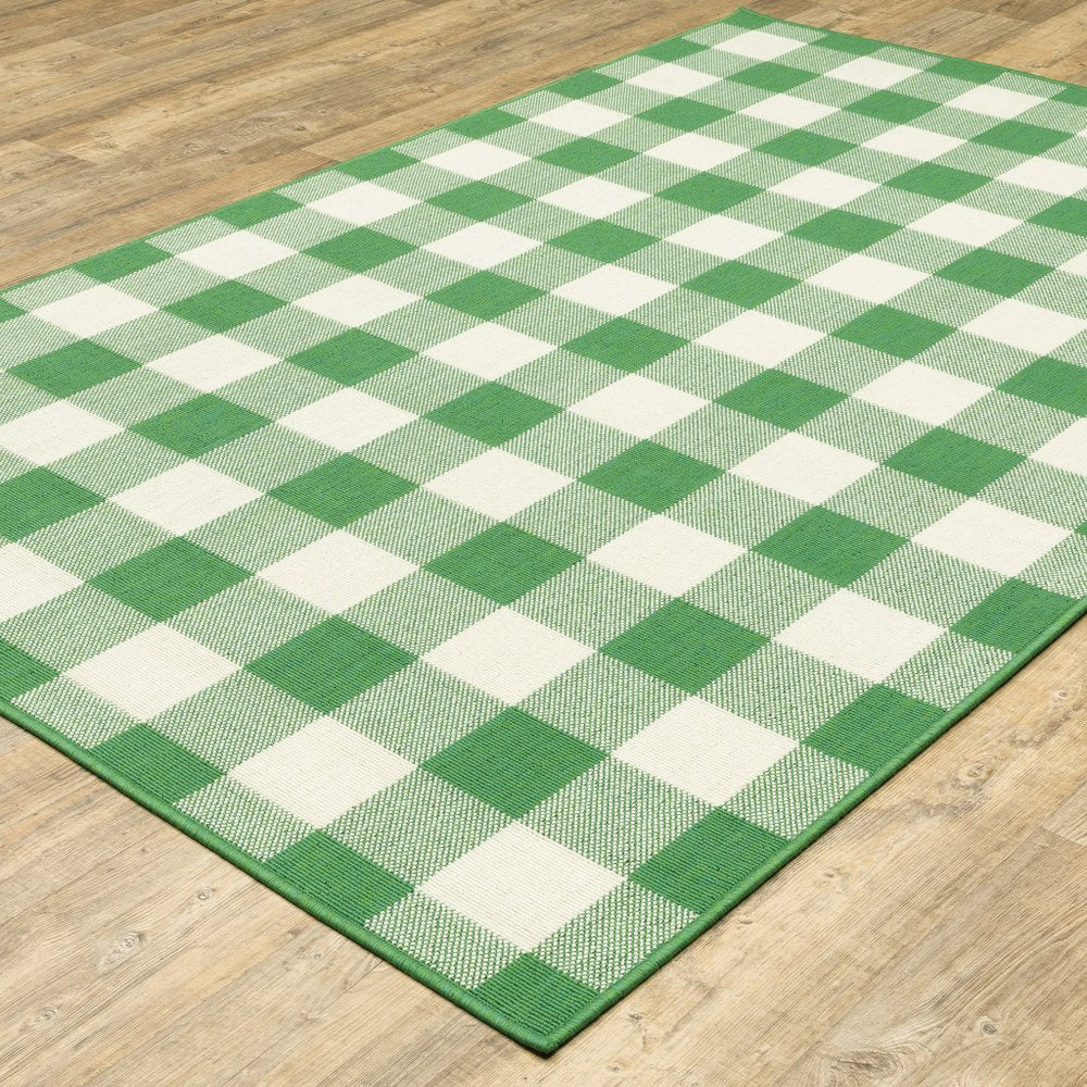 4' X 6' Green and Ivory Geometric Stain Resistant Indoor Outdoor Area Rug