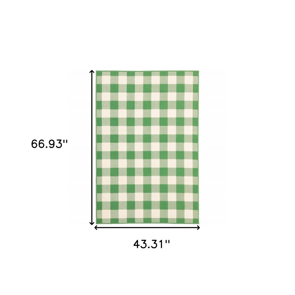 4' X 6' Green and Ivory Geometric Stain Resistant Indoor Outdoor Area Rug