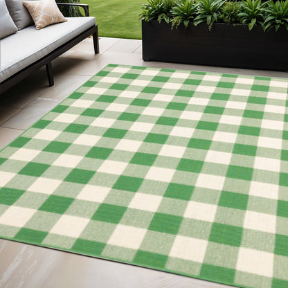 5' X 8' Green and Ivory Geometric Stain Resistant Indoor Outdoor Area Rug