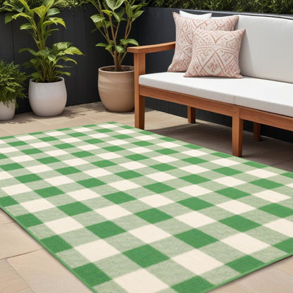 8' X 11' Green and Ivory Geometric Stain Resistant Indoor Outdoor Area Rug