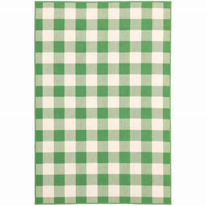 9' X 13' Green and Ivory Geometric Stain Resistant Indoor Outdoor Area Rug