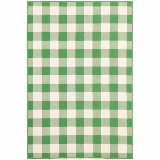 9' X 13' Green and Ivory Geometric Stain Resistant Indoor Outdoor Area Rug
