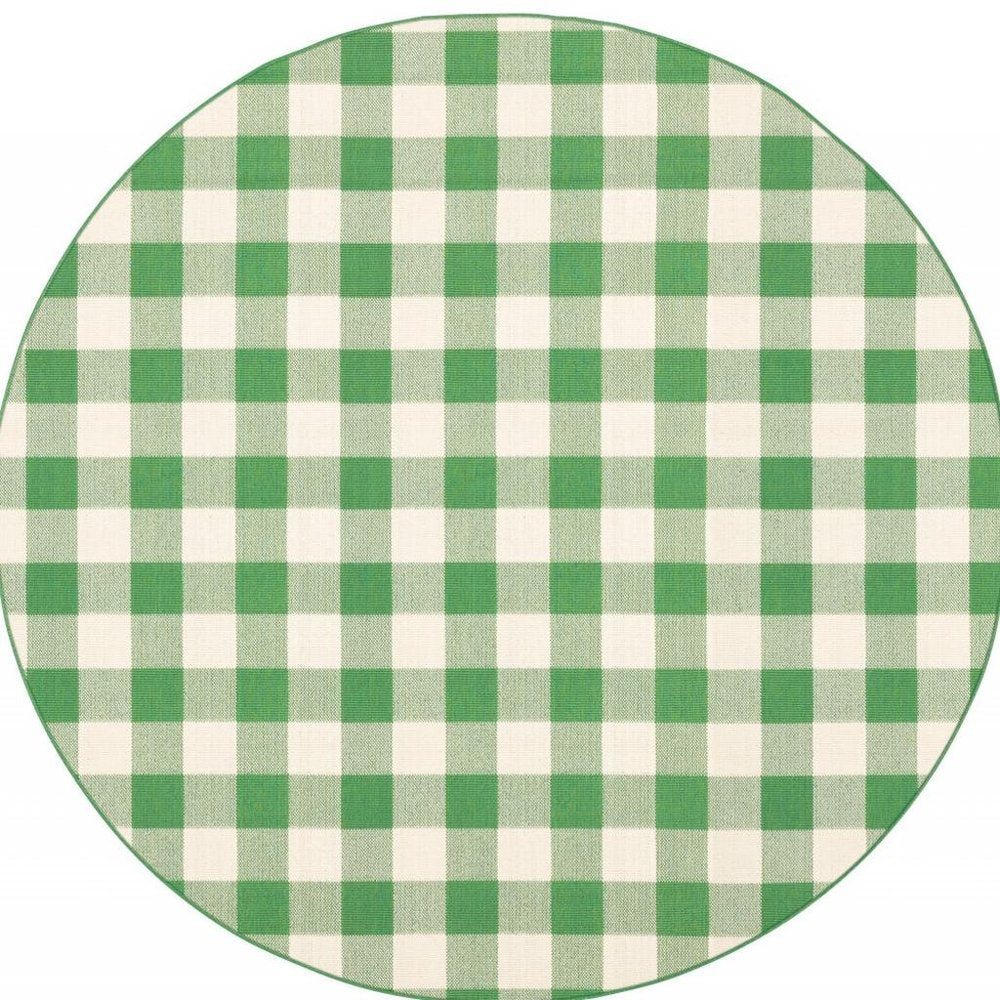 8' X 8' Green and Ivory Round Geometric Stain Resistant Indoor Outdoor Area Rug