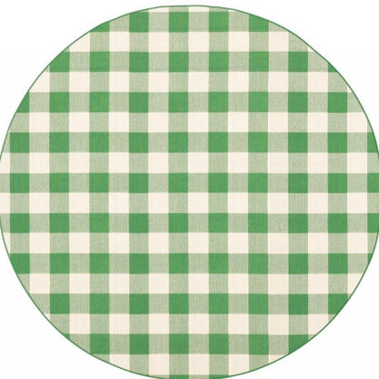 8' X 8' Green and Ivory Round Geometric Stain Resistant Indoor Outdoor Area Rug