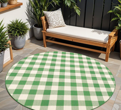 8' X 8' Green and Ivory Round Geometric Stain Resistant Indoor Outdoor Area Rug