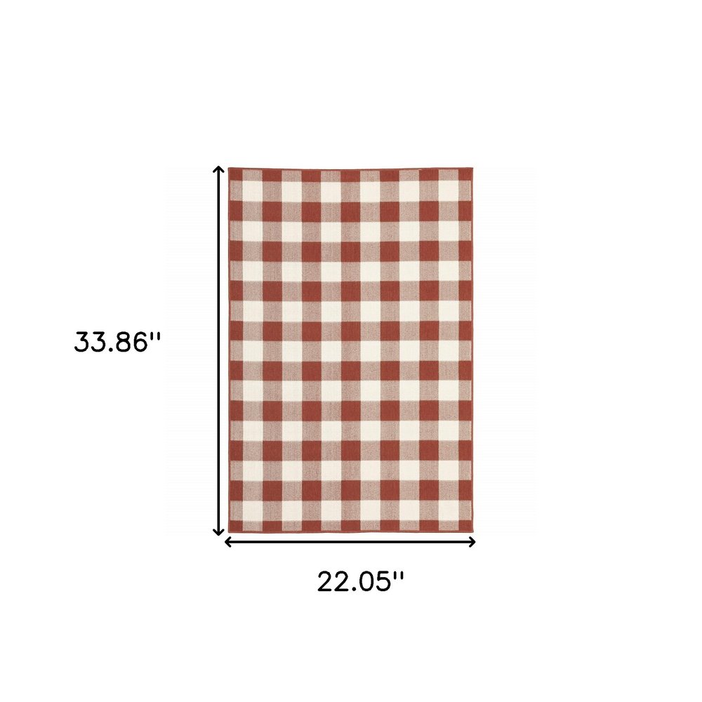 2' X 3' Red And Ivory Geometric Plaid Indoor Outdoor Area Rug