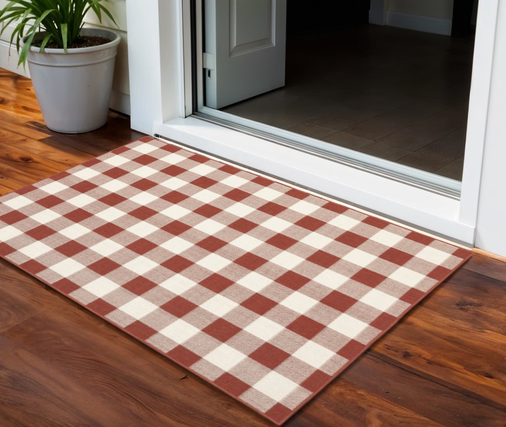 2' X 3' Red And Ivory Geometric Plaid Indoor Outdoor Area Rug