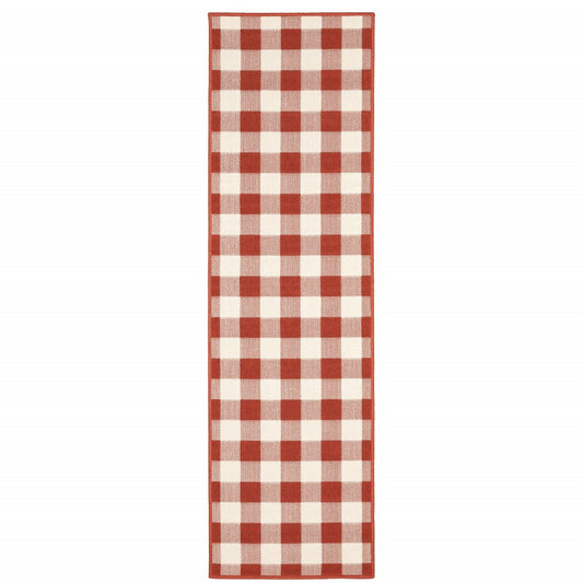 2' X 8' Red and Ivory Geometric Stain Resistant Indoor Outdoor Area Rug