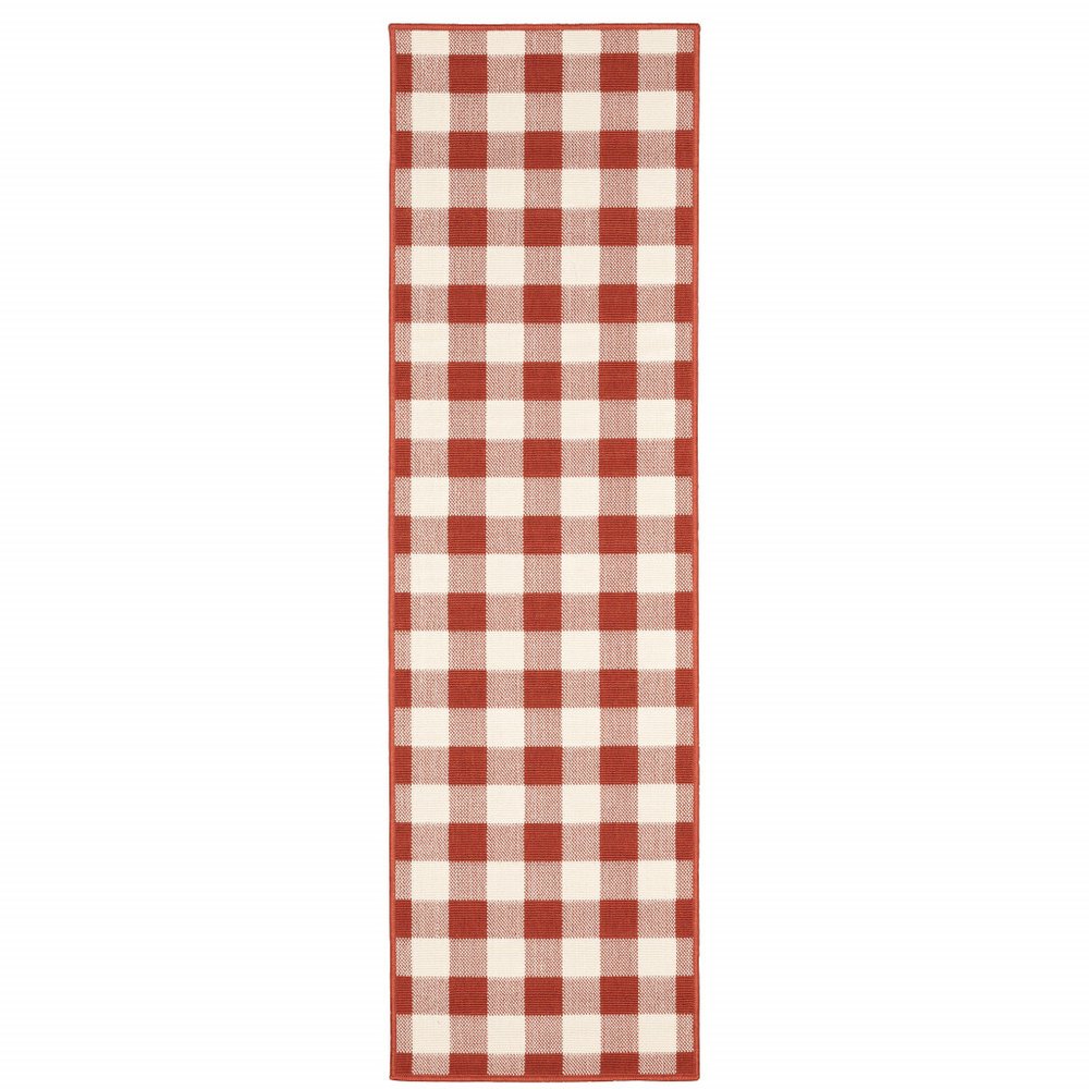 2' X 8' Red and Ivory Geometric Stain Resistant Indoor Outdoor Area Rug
