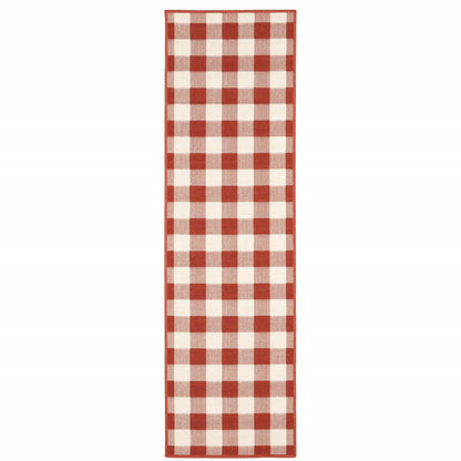 2' X 8' Red and Ivory Geometric Stain Resistant Indoor Outdoor Area Rug