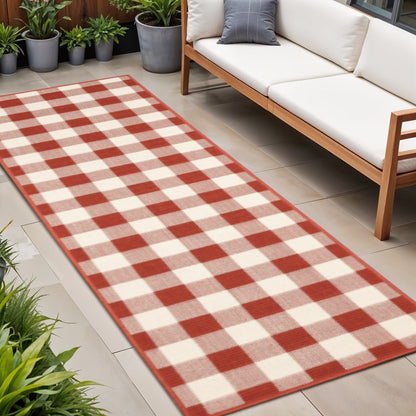 2' X 8' Red and Ivory Geometric Stain Resistant Indoor Outdoor Area Rug
