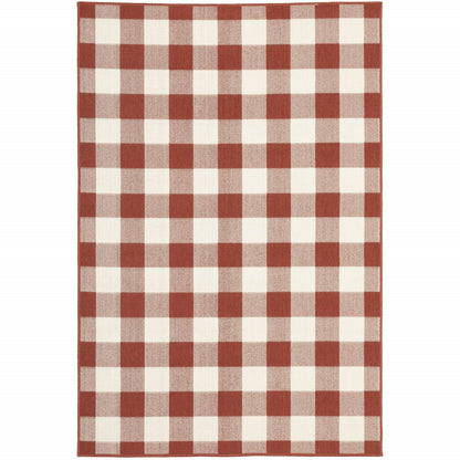 4' X 6' Red and Ivory Geometric Stain Resistant Indoor Outdoor Area Rug