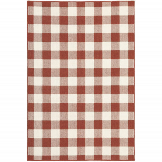 4' X 6' Red and Ivory Geometric Stain Resistant Indoor Outdoor Area Rug