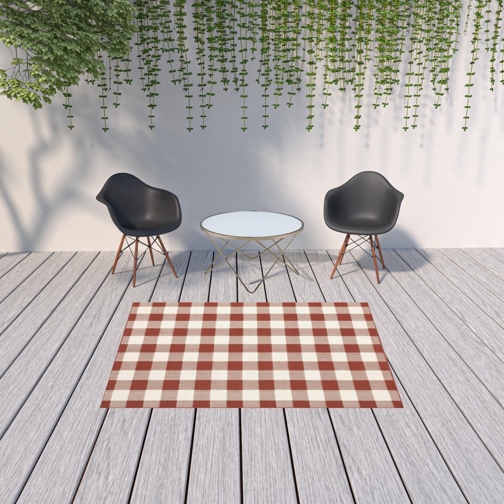 5' X 8' Red and Ivory Geometric Stain Resistant Indoor Outdoor Area Rug