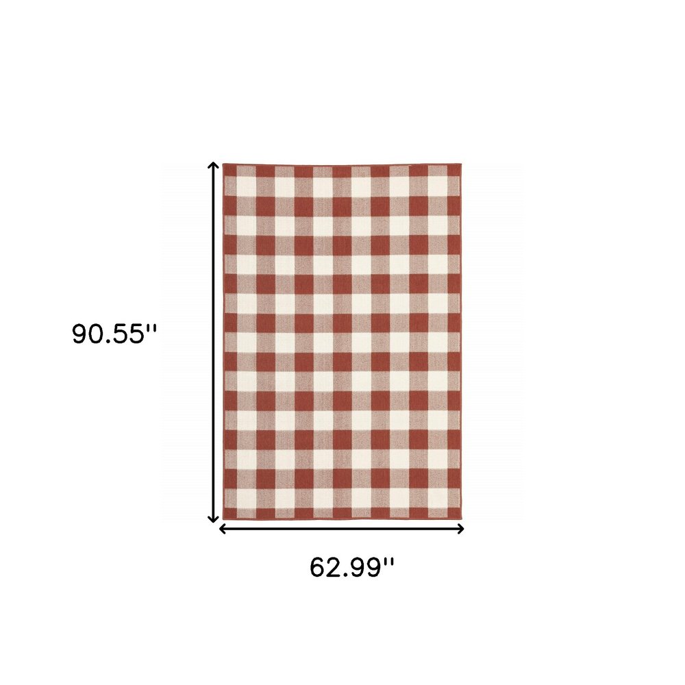 5' X 8' Red and Ivory Geometric Stain Resistant Indoor Outdoor Area Rug