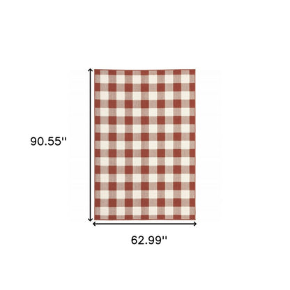 5' X 8' Red and Ivory Geometric Stain Resistant Indoor Outdoor Area Rug